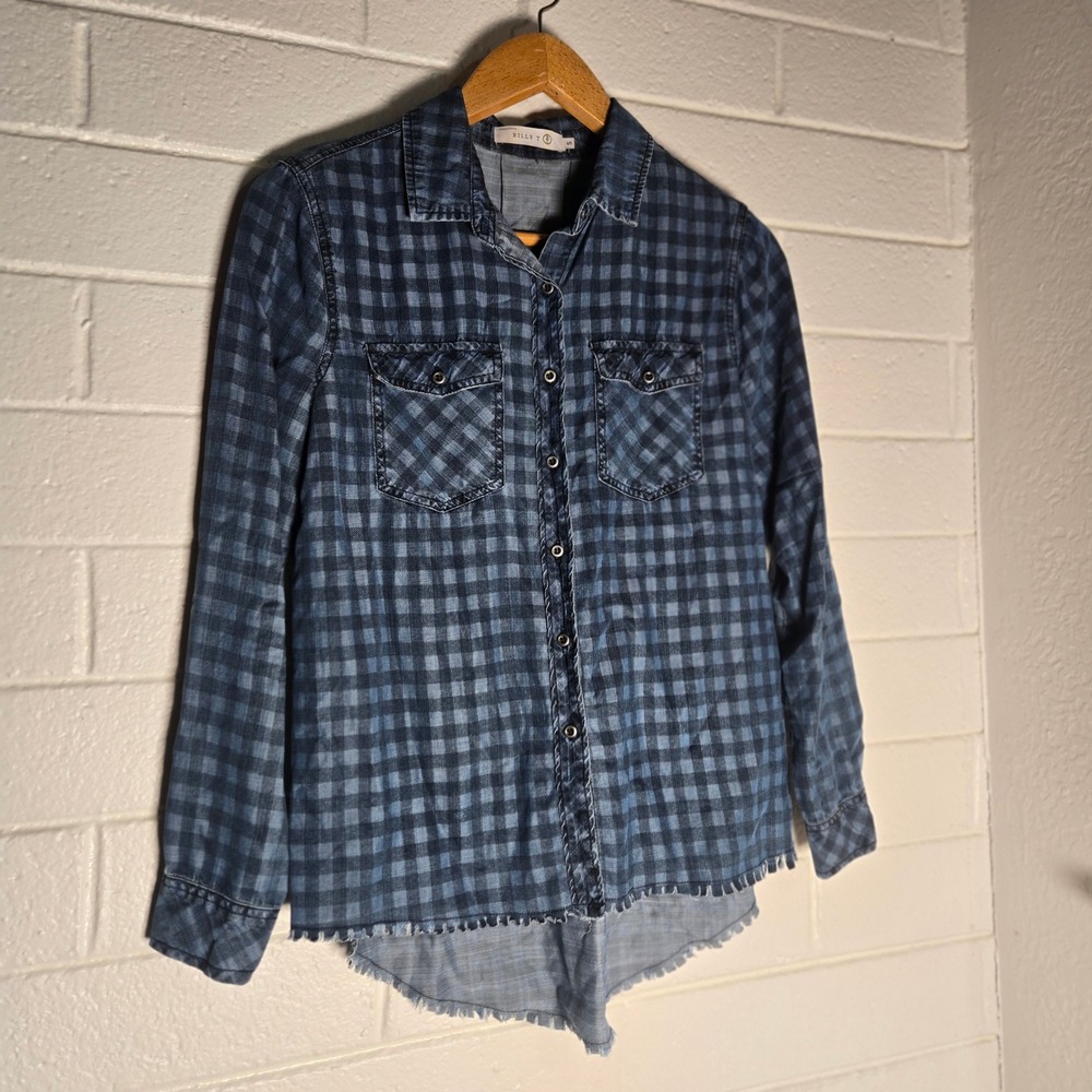 Billy T Plaid Button Shirt Small Blue Lyocell Lace Up Back Raw Hem Boho Western